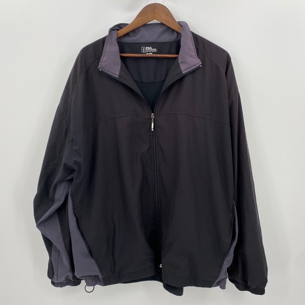 PGA Tour Windbreaker Jacket Mens XL Black Grey Full Zip Golf Masters Tennis Prep